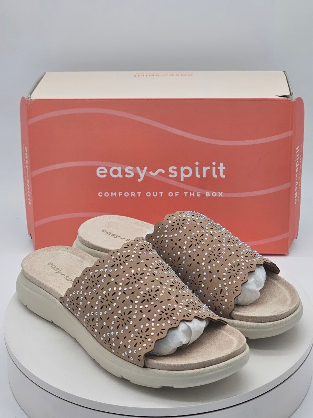Easy Spirit Alora3 Light Natural Rhinestone Slide Sandals Women’s Size 11